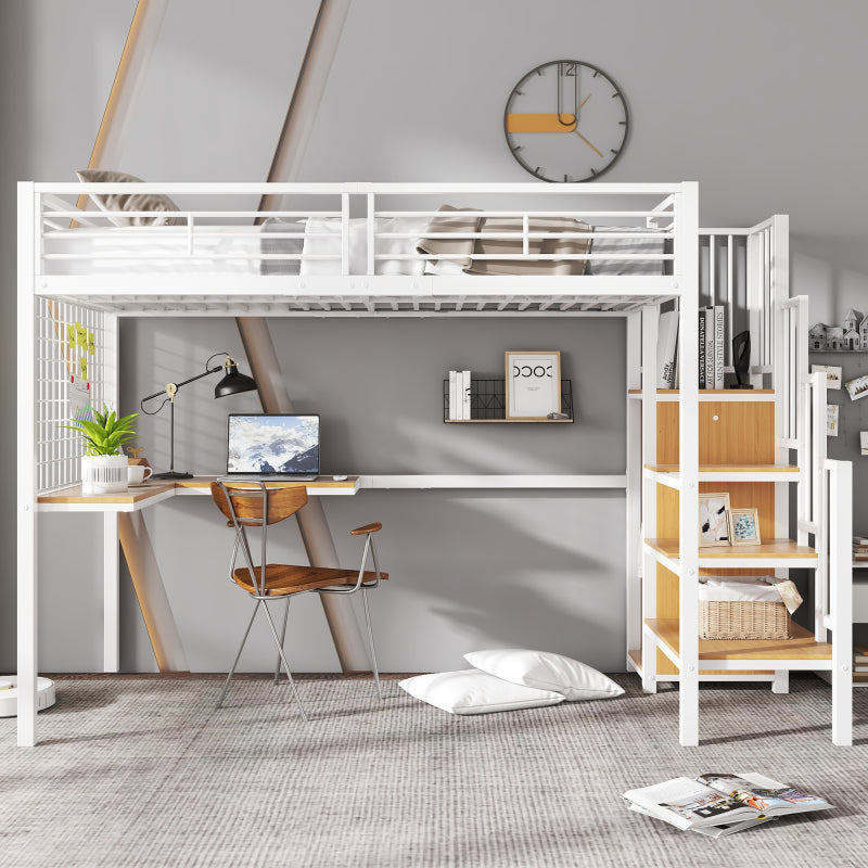 Eisenbett, Etagenbett, Hochbett, Geeignet für Kinder und Jugendliche, mit Tisch und Kleiderschrank, Seitenleiter mit Handlauf, Eisen+Spanplatte, Weiß+Natur, 90x200cm