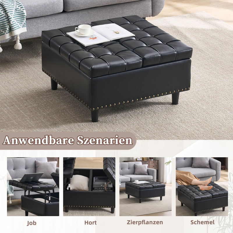 Großer quadratischer Aufbewahrungsstuhl, anhebbare Bank mit Stauraum, geeignet für Wohnzimmer Schlafzimmer Arbeitszimmer gepolsterte Aufbewahrungsbox(Black PU)