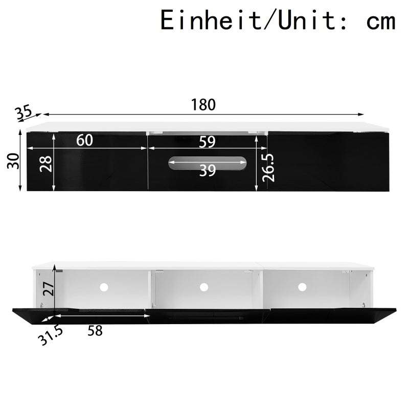 Schwarz-weißer TV-Schrank, 180 cm lang, Hochglanzoberfläche, mit 16-farbiger LED-Beleuchtung, wandmontierbar