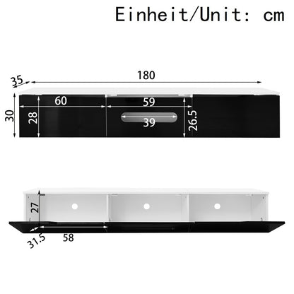 Schwarz-weißer TV-Schrank, 180 cm lang, Hochglanzoberfläche, mit 16-farbiger LED-Beleuchtung, wandmontierbar