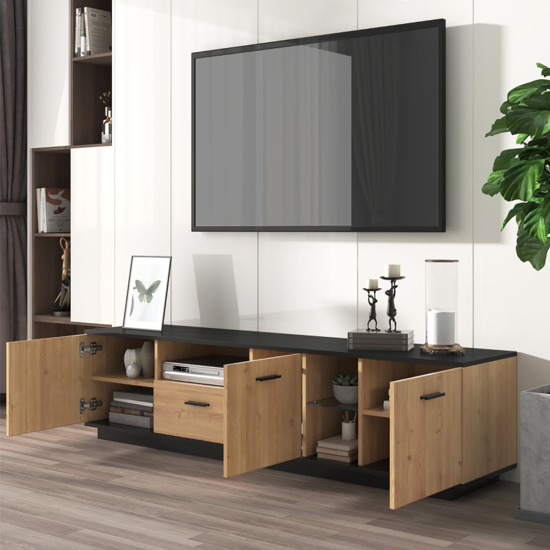 TV-Schrank mit einer Schublade, drei Türen, zwei offene Fächer mit Glas TV-Möbel, TV-Board, TV-Lowboard Feinstruktur. Schwarze und natürliche Holzfarben. 15 variable LED-Leuchten.