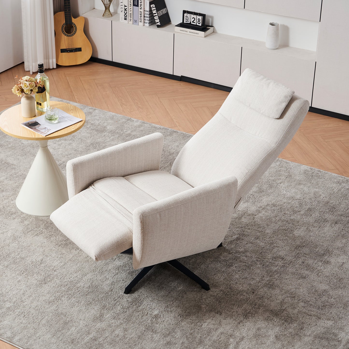 Bequemer Relaxsessel mit Liegefunktion – Chenille Fernsehsessel mit Fußstütze, drehbarer Stillsessel & Loungesessel für Wohnzimmer, modernes Sofa, Beige