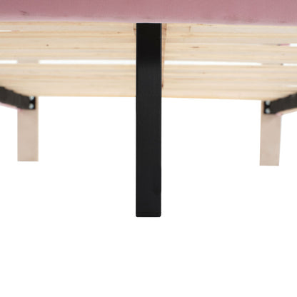 Polsterbett mit mehrfarbigen, wechselnden LED Lichtstreifen, Kopfteil mit Wellenschliff, mit gepolsterter runden Beine, Kinderbett mit Holzlatten, Einzelbett, Samt, Beige+Rosa, 90x200cm