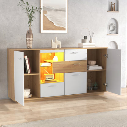 Modernes Sideboard-Schrank mit viel Stauraum, mit LED-Beleuchtung, 160x40x77cm, 2 Türen, 4 Schubladen, Glasablage, Holzoptik, Weiß,Wohnzimmermöbel, Organizer, Kommode, Mehrzweckschrank.
