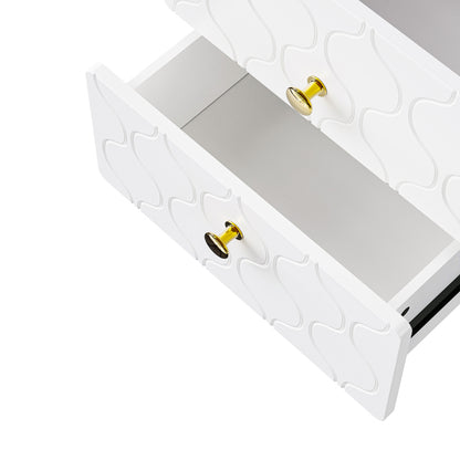 Moderner Nachttisch, vergoldete Griffe, Wellenmuster, 2er-Set, mit 2 Schubladen, lackiert, Ecken mit stoßfestem Design, 39,5 B*40 T*50 H cm, Weiß