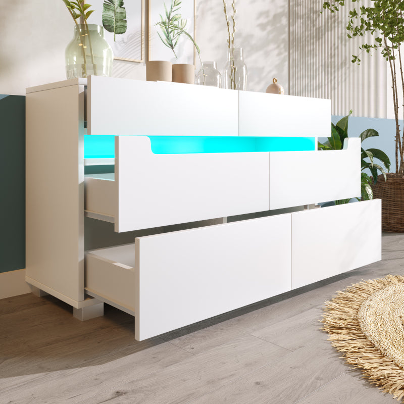 Kommode, Sideboard Holz mit 6 Schubladen, LED Beleuchtung (App Control), Mehrzweckschrank für Wohnzimmer und Schlafzimmer, 71 x 120 x 40 cm, Weiß
