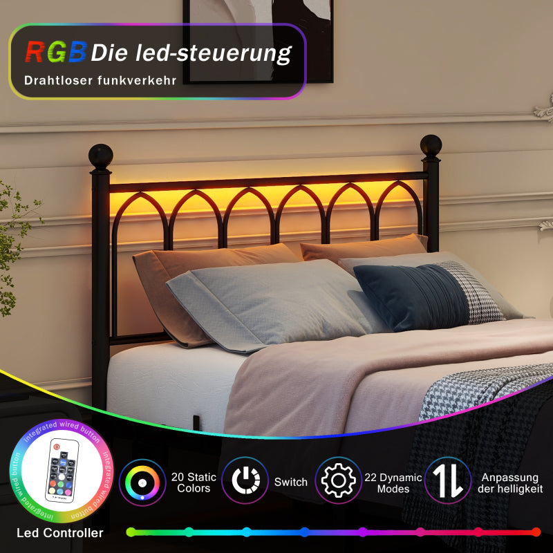 120x200cm Metall Bettrahmen mit Vintage Kopf und Fußplatte, USB-Ladestation, LED-Bettrahmen, Heavy Duty Stahl Slat Unterstützung, Reichweite Unterbett-Speicher, Keine Box-Feder erforderlich, Schwarz