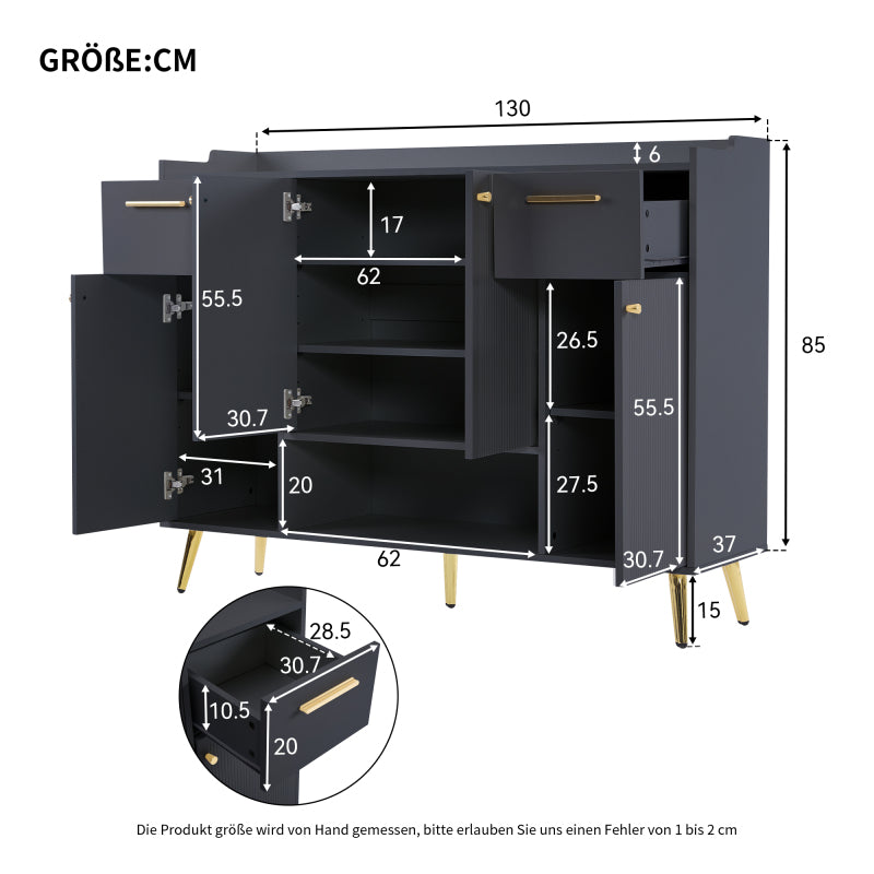 Schuhschrank, Schuhregal mit 2 Schubladen und 4 Türen, Metallfüße, schwarz