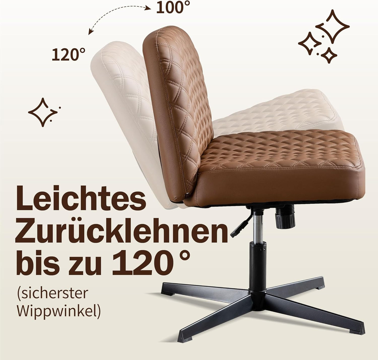 Bürostuhl Ohne Armlehnen,Home Office Stuhl Keine Räder,Heavy Duty Metallbasis,120°Schaukelnder breiter Sitz Ergonomischer Stuhl, Dicken gepolsterte Dreh Eitelkeit Stuhl für Heim und Büro Brown+PU+Metal