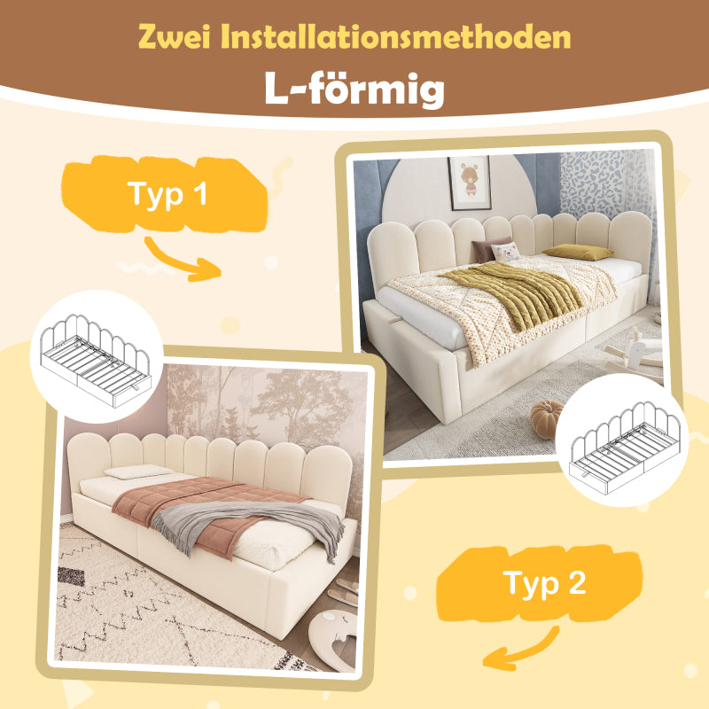 Polsterbett Daybett 90x200 cm,Tagesbett Schlafsofa mit hydraulischem Stauraum, Kinderbett mit Metall-Lattenrost, Samt, Beige, ohne Matratze