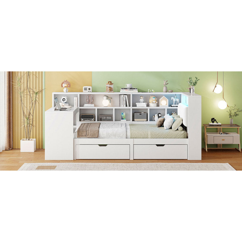 90x200 L-förmiges Holz-Plattformbett mit Schreibtisch und Bücherregal, Eck-Kapitänsbett mit gepolstertem Kopfteil, Schubladen unter dem Bett, LED-Licht - Weiß