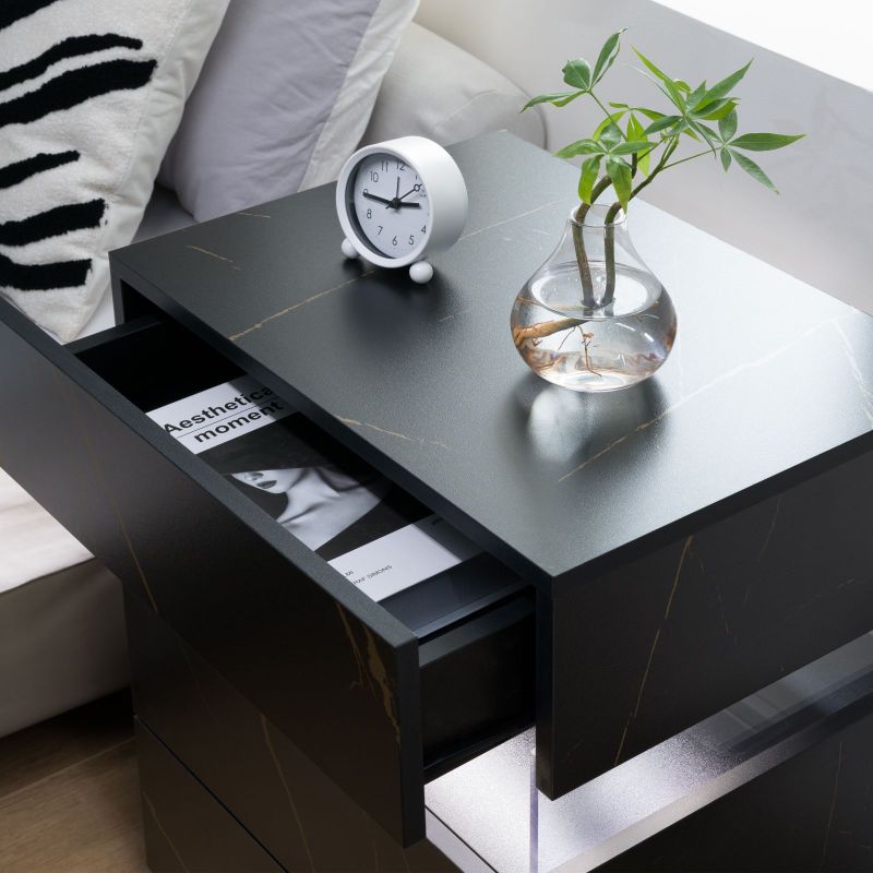 LED Nightstands 3 Drawer Dresser for Bedroom End Table with Acrylic Board LED Bedside Tables for Bedroom Living Room Bedside Furniture (Black+Glod)