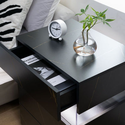 LED Nightstands 3 Drawer Dresser for Bedroom End Table with Acrylic Board LED Bedside Tables for Bedroom Living Room Bedside Furniture (Black+Glod)