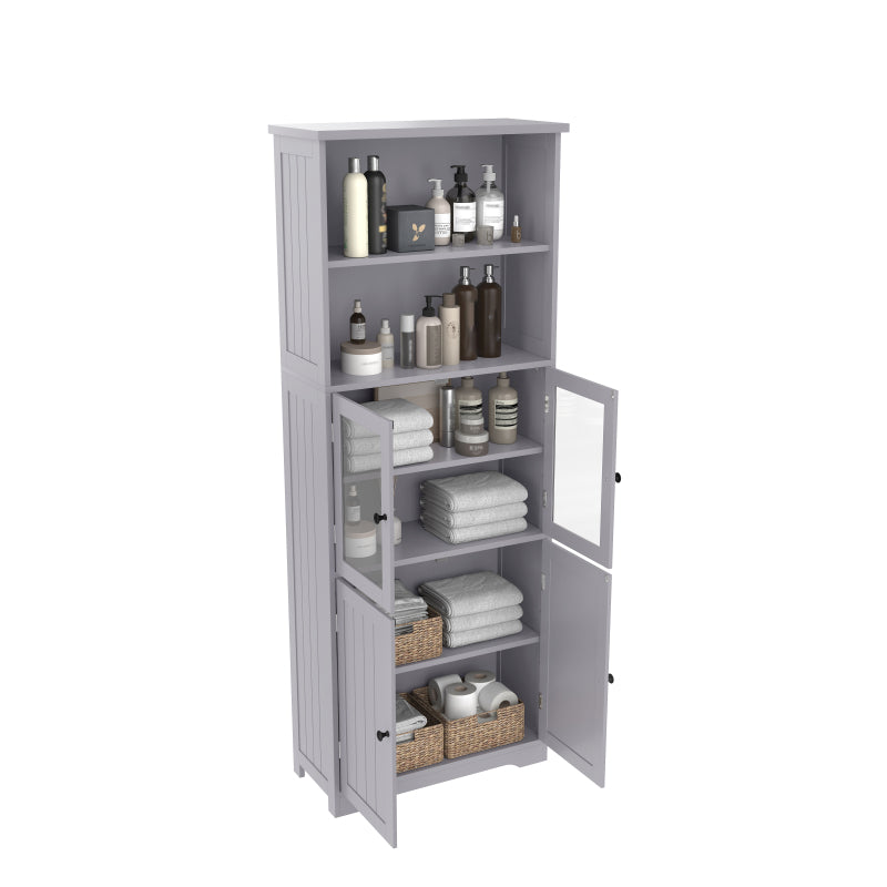 57.5 x 28.5 x 160cm Badezimmer-Hochschrank mit Stauraum, feuchtigkeitsbeständige Farbe, Glasschranktür, Holzschranktür, zwei offene Ablagefächer, verstellbare Trennwände, einfache Textur, Grau