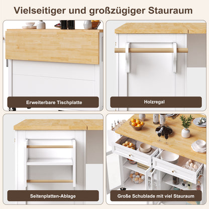 Kücheninsel mit Rollen & Glastüren, klappbare Arbeitsplatte, mobiler Servierwagen mit Schublade & Regal, Küchenwagen Weiß & Holzoptik