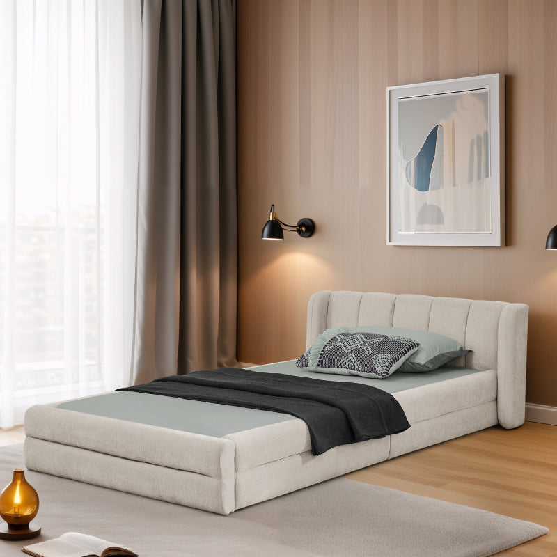 Einzelbett 90x200 cm, hautfreundlicher Chenille Stoff, komfortables Rückenlehne, auch als Kinderbett geeignet, Beige (ohne Matratze)