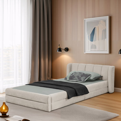 Einzelbett 90x200 cm, hautfreundlicher Chenille Stoff, komfortables Rückenlehne, auch als Kinderbett geeignet, Beige (ohne Matratze)