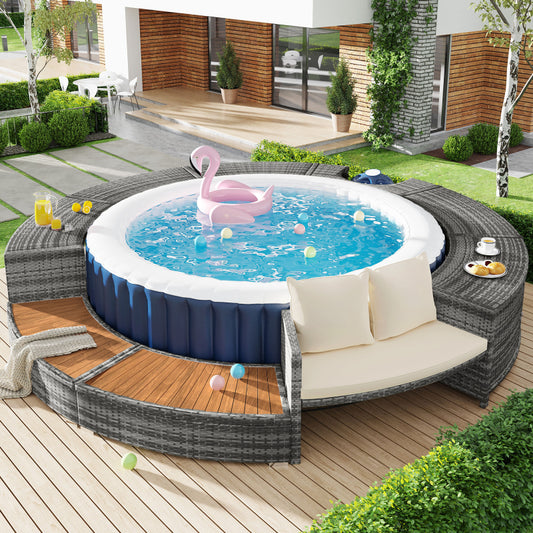 Garten-Lounge-Set mit runder Couch, Gartenmöbel-Set, Lounge-Set, für Whirlpool und Pool, mit verstellbaren Füßen, inklusive Kissen, Möbel für Terrasse, Garten oder Poolbereich(previous sku:HW00004AAA)