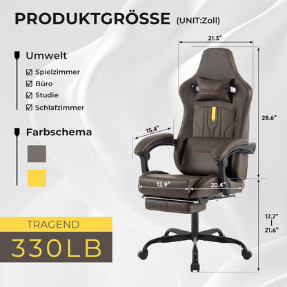Gaming Stuhl Computerstuhl Ergonomischer Gaming Chair mit Fußstütze Bürostuhl Ergonomischer Computerstuhl mit Lendenwirbelstütze Braun