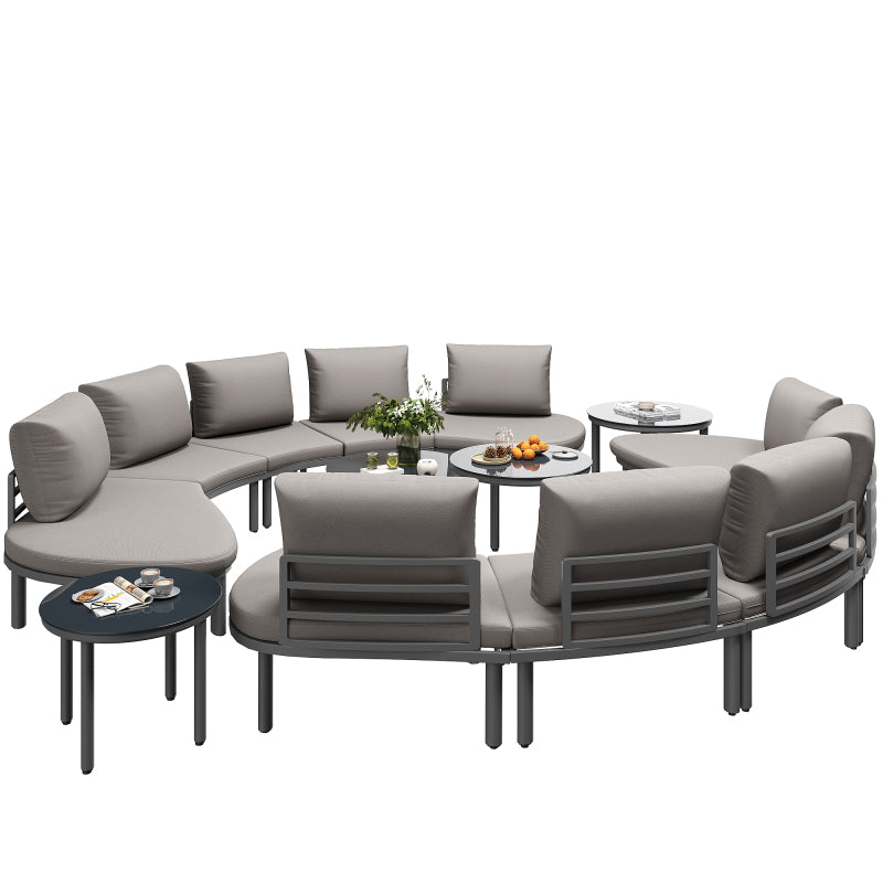 Gartenmöbel-Set (10 Sitzplätze), 4 Couchtische aus gehärtetem Glas, verzinkter Eisenrahmen, bequeme Gartenmöbel mit grauen Sitzpolstern und Kissen, verstellbare Beine, elegantes rundes Sofa