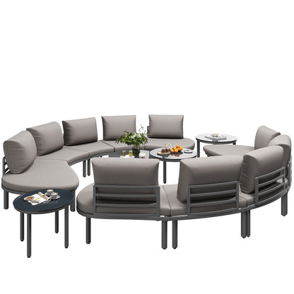 Gartenmöbel-Set (10 Sitzplätze), 4 Couchtische aus gehärtetem Glas, verzinkter Eisenrahmen, bequeme Gartenmöbel mit grauen Sitzpolstern und Kissen, verstellbare Beine, elegantes rundes Sofa