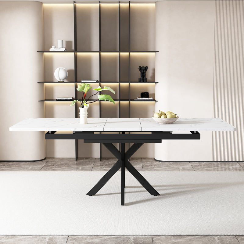 Erweiterbarer Esstisch,  L150/180 x B70 x H76 cm, Kreuzbein-Design, Marmorstruktur, Schwarz und Weiß