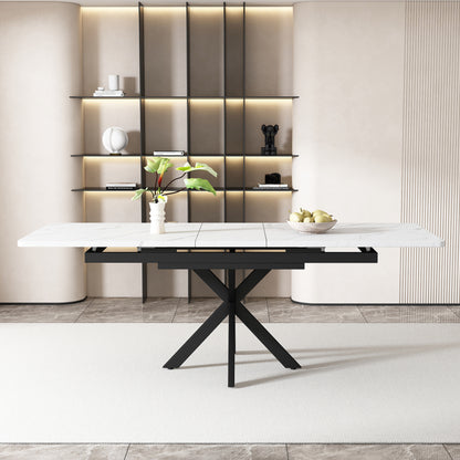 Erweiterbarer Esstisch,  L150/180 x B70 x H76 cm, Kreuzbein-Design, Marmorstruktur, Schwarz und Weiß