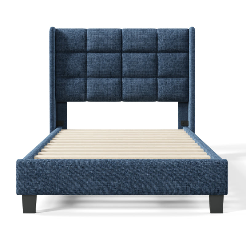 Modernes Design Polsterbett Mit seinem gepolstertes Kopfteil Einzelbett mit Lattenrost, 90x200cm ,in Blau Leinen, mittelfest (Ohne Matratze)