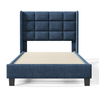 Modernes Design Polsterbett Mit seinem gepolstertes Kopfteil Einzelbett mit Lattenrost, 90x200cm ,in Blau Leinen, mittelfest (Ohne Matratze)