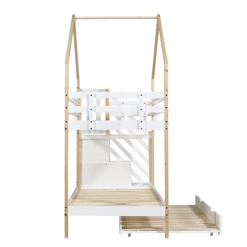 Etagenbett, Ausziehbares Baumhausbett, Schiebebett, Treppe mit 3 Schubladen, Kinderbett mit Absturzsicherung und Kinderbettgitter, mit Lattenroste, Natur+Weiß (90x200cm&90x190cm) [30813567NAA]