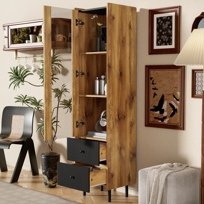 Sideboard, Hochschrank in schwarzer Holzmaserung – 180 x 44 x 40 cm mit Glastür, gelbem LED-Licht, 2 Schubladen