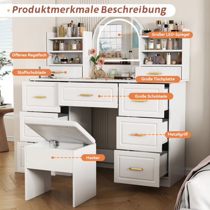 Schminktisch mit Spiegel,Schminktische mit LED-Beleuchtung, Kosmetiktisch mit 9 Schubladen, Frisiertisch, weiß, für Wohnzimmer Schlafzimmer,120x40x135cm