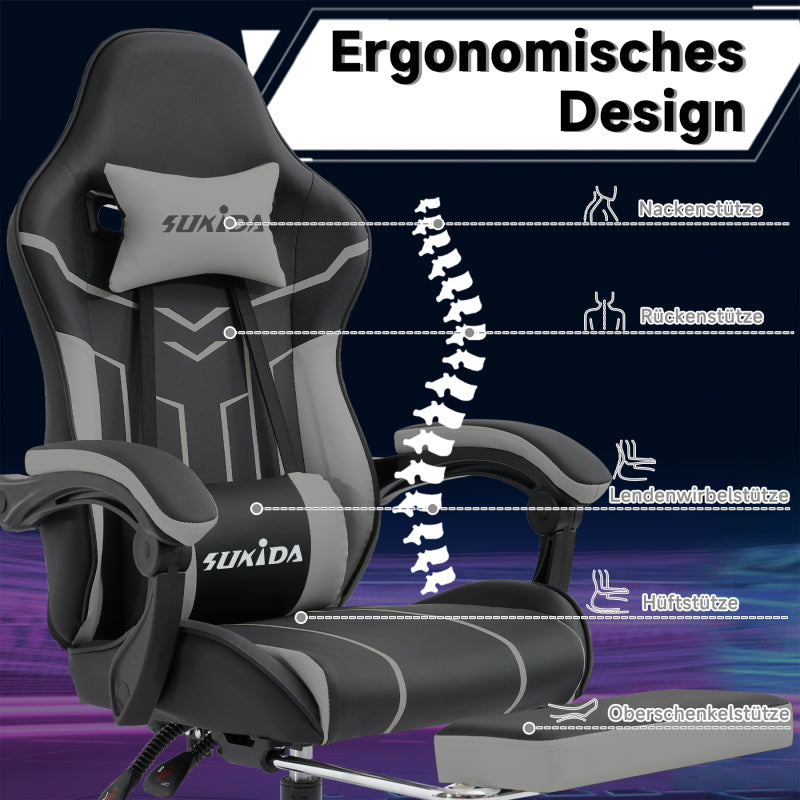 Gaming Stuhl Computerstuhl Ergonomischer Gaming Chair mit Fußstütze Bürostuhl Ergonomischer Computerstuhl mit Lendenwirbelstütze BlackGrey