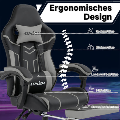 Gaming Stuhl Computerstuhl Ergonomischer Gaming Chair mit Fußstütze Bürostuhl Ergonomischer Computerstuhl mit Lendenwirbelstütze BlackGrey