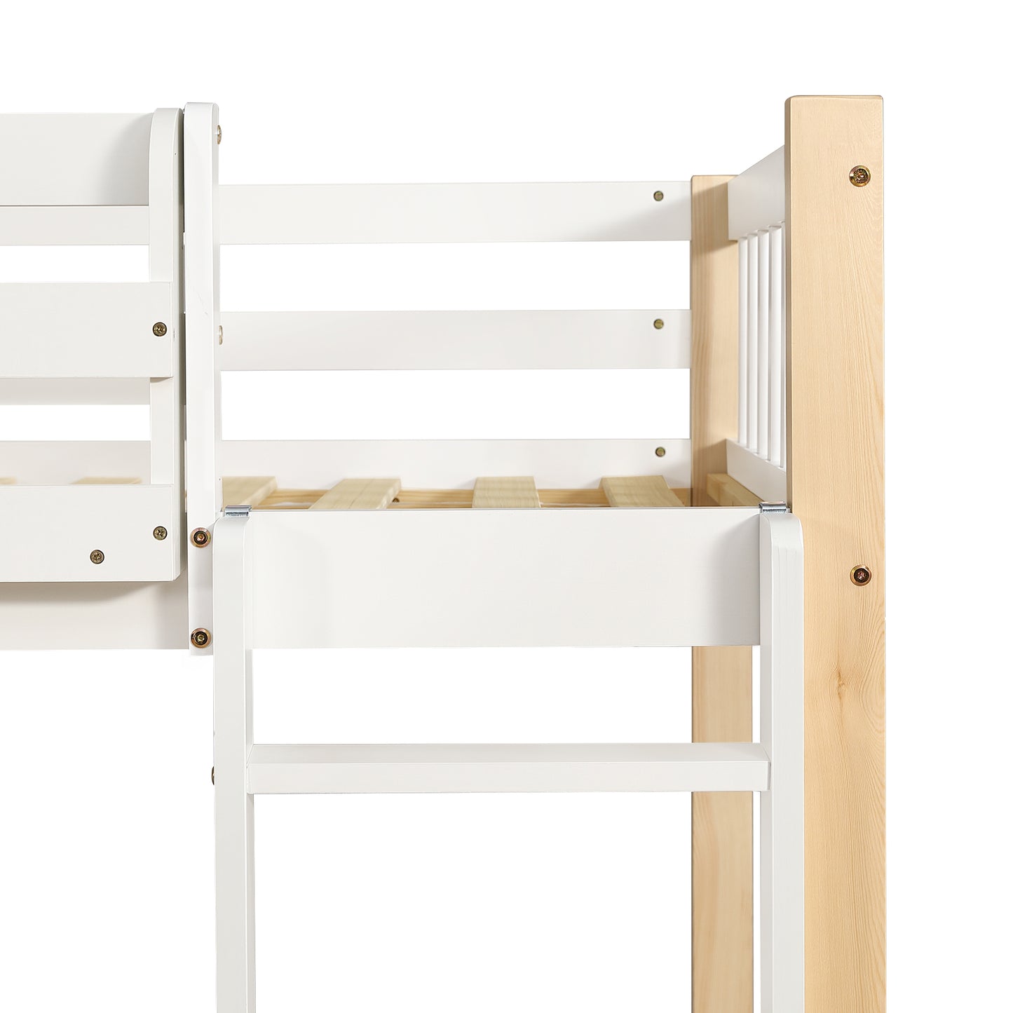 Etagenbett, Kinderbett mit Fallschutz und Gitter, mit 4-stufiger Leiter, 6 offenen Regalen, Kleiderschrank seitlich, Reichlich Stauraum,  Kiefer+PB, Weiß+Natur,  90x200cm