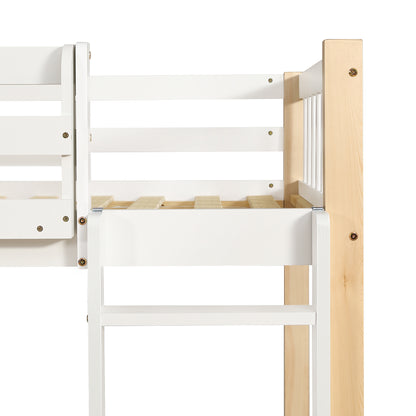 Etagenbett, Kinderbett mit Fallschutz und Gitter, mit 4-stufiger Leiter, 6 offenen Regalen, Kleiderschrank seitlich, Reichlich Stauraum,  Kiefer+PB, Weiß+Natur,  90x200cm