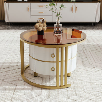 2-in-1 runder Couchtisch aus MDF, Beistelltisch mit 1 weißen Platte und 1 braunen Platte aus gehärtetem Glas, Couchtischkombination mit 2 Schubladen für das Wohnzimmer, 70*70*45 + 50*50*40 cm
