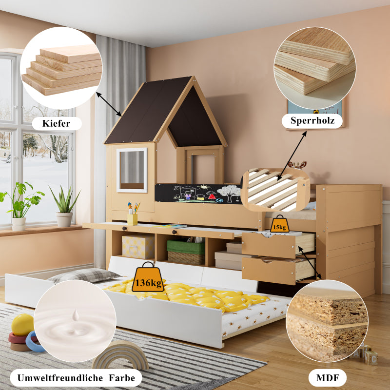 Etagenbett, Baumhausbett mit Schubladen und Ausziehbett, Mit Ausziehtisch, Reichlich Stauraum, Holzbett mit Fenster, Rahmen aus Kiefer, Graffiti-Tafel, Kiefer+MDF, weiß+Natur, 90x200&90*190cm