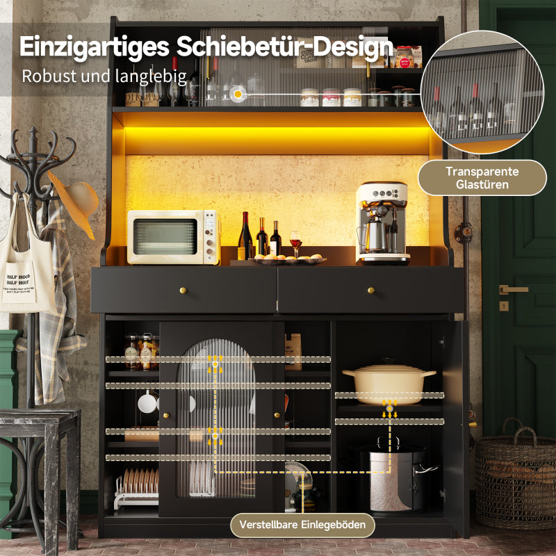 Küchenschrank, Esszimmerschrank mit 2 Schubladen, Sideboard mit LED-Beleuchtung, schwarz