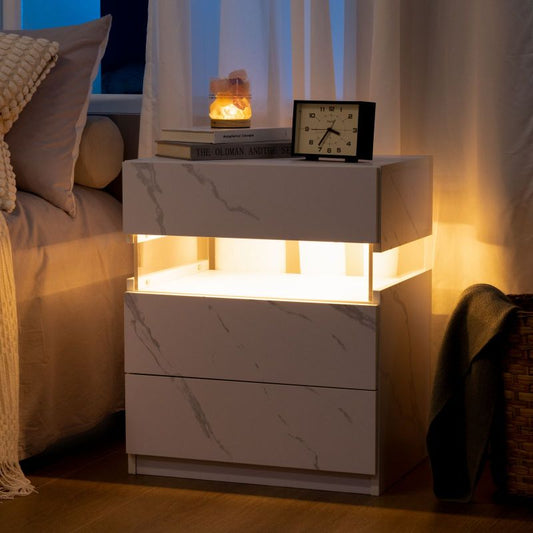 LED Nightstands 3 Drawer Dresser for Bedroom End Table with Acrylic Board LED Bedside Tables for Bedroom Living Room Bedside Furniture (White Stone)