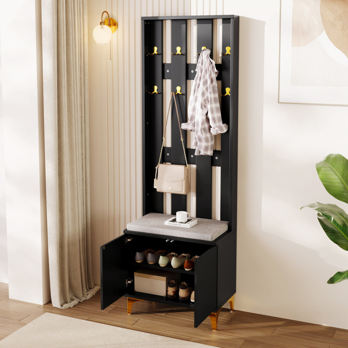 Hoher Garderobenschrank mit Wellentüren, Push-to-Open, verstellbaren Regalen & Goldakzenten, Schwarz, 60,5×35,2×180,5 cm
