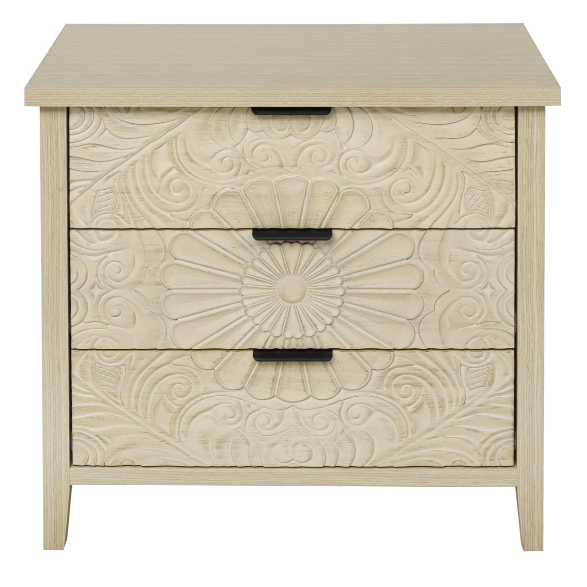 Kommode 80x80 cm Weiß, Anrichte mit 3 Schubladen in 3D-Holzoptik, Sideboard mit Bodengleitschienen & Kippsicherung