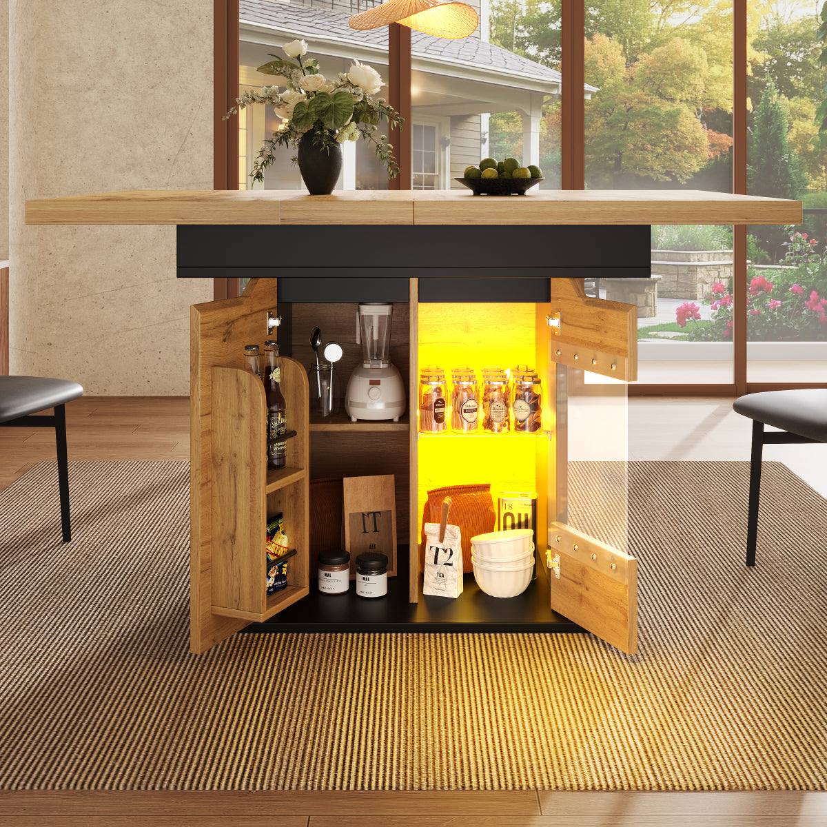 Ausziehbarer Esstisch 110-140x80cm mit LED-App-Steuerung & USB, Küchentisch Schwarz/Natur mit Glas-Schranktüren & Snackregal