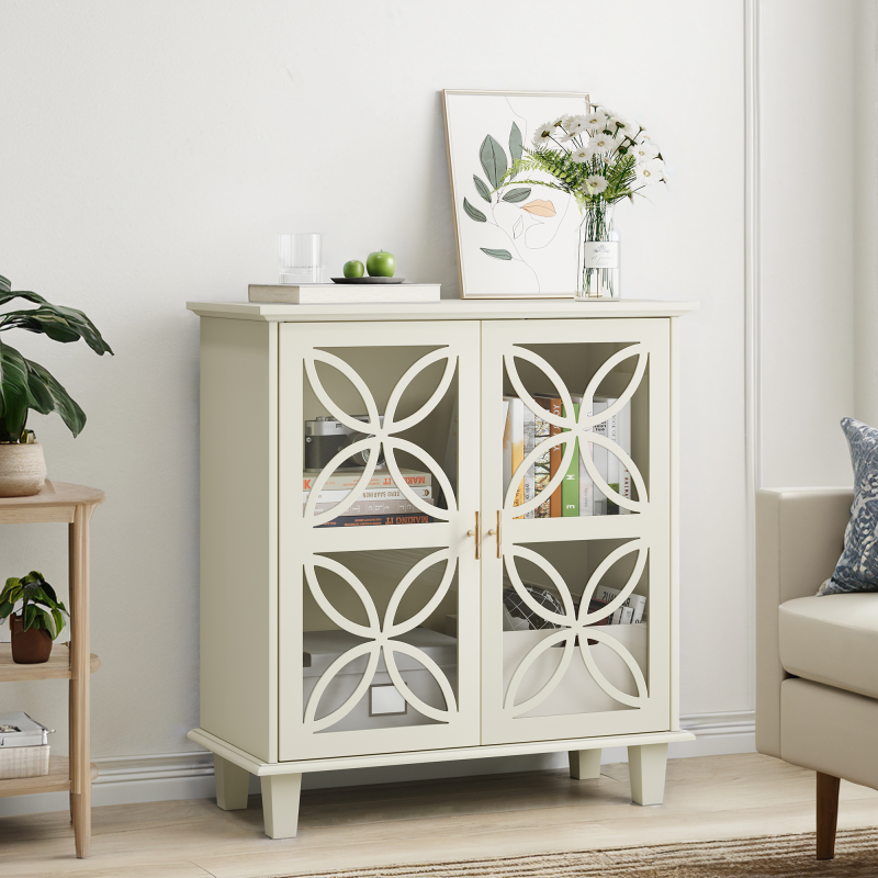 Sideboard mit Glastüren und verstellbaren Böden, freistehender Aufbewahrungsschrank im Retro-Stil, 2-türig, für Bad & Küche, Creme