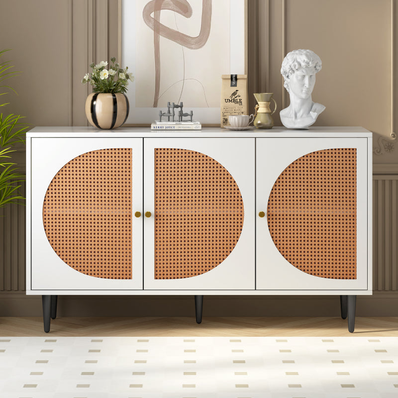 Sideboard mit 3 Rattan verzierten Türen Kommode Highboard mit Metallgriffe, für Schlafzimmer & Wohnräume & Büro, Weiß,129.8x 40x 76cm