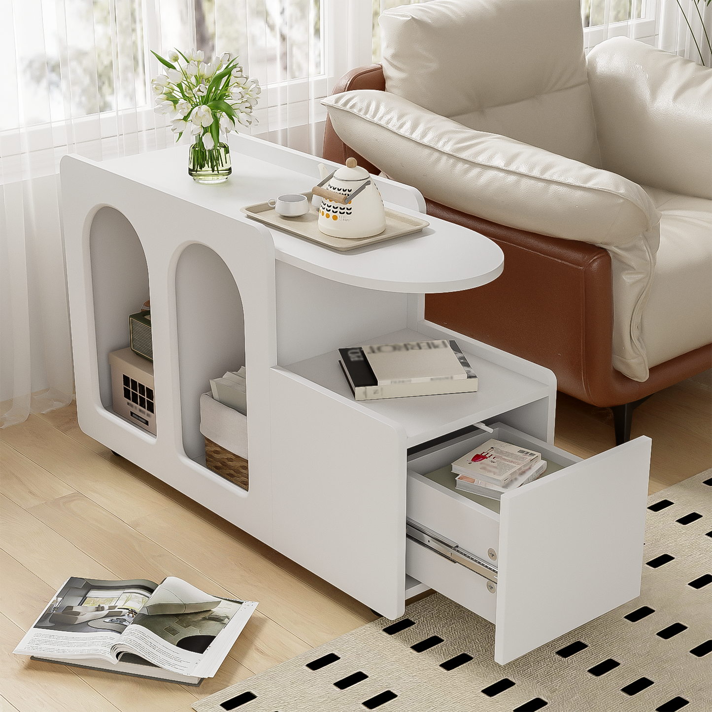 Beistellschrank mit Rollen, vielseitiger Aufbewahrungswagen für Wohnzimmer, Esszimmer und Schlafzimmer, Weißer
