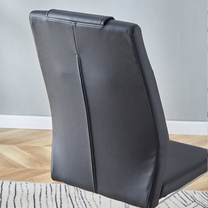 Schwarzer PU-Stuhl im nordischen Stil (vier Stühle im Inneren einer Kiste) - mit Netznähtdesign, glänzende silberne Metallbeine