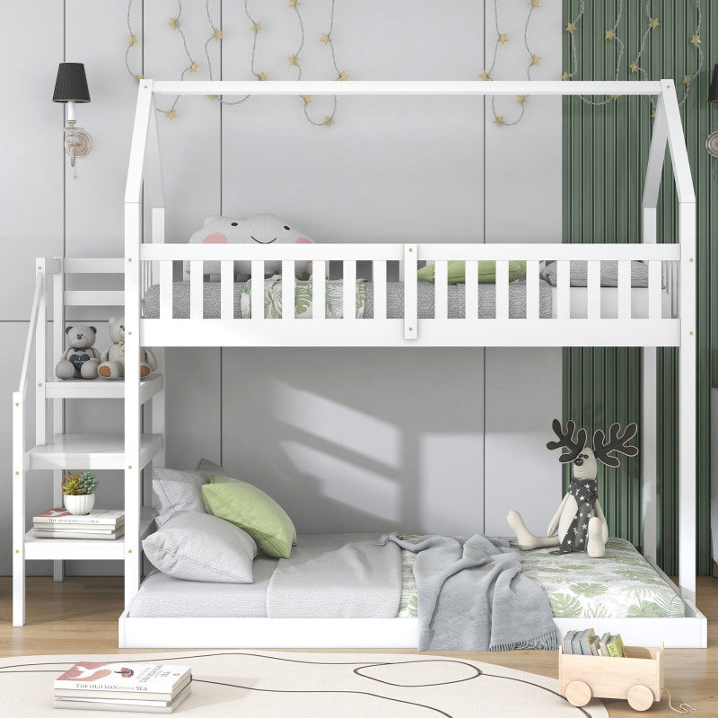 [29994142WAA]Etagenbett, Hausbett mit Treppe, Kinderbett mit Fallschutz und Gitter, Rahmen aus Kiefer, weiß (90x200&140*190cm)