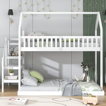 [29994142WAA]Etagenbett, Hausbett mit Treppe, Kinderbett mit Fallschutz und Gitter, Rahmen aus Kiefer, weiß (90x200&140*190cm)