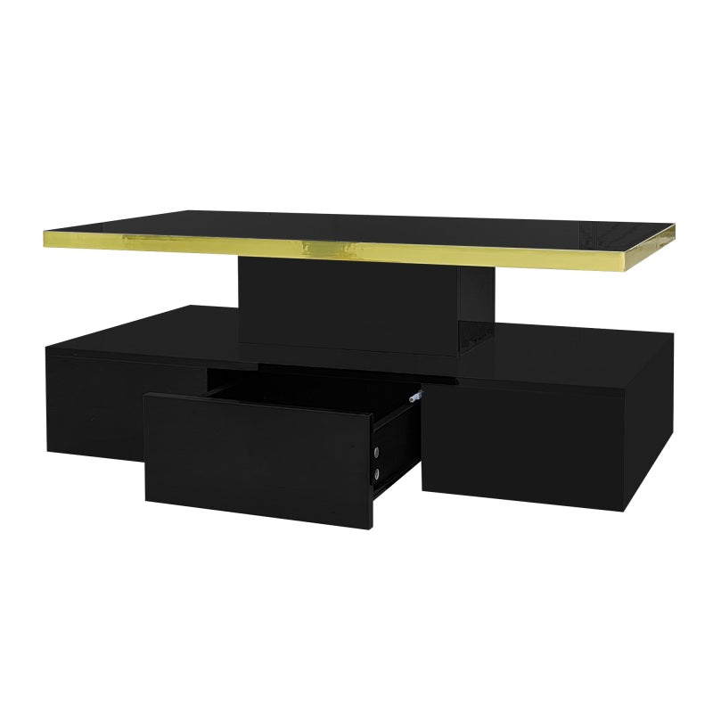 Couchtisch, Tisch mit Schubladen, Hochglanzlackierung, Beistelltisch mit zwei Ablageebenen. Mit LED-Licht